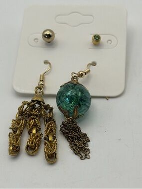 Boho Mix Match Earrings Gold Tassel Green Glass Stud Set